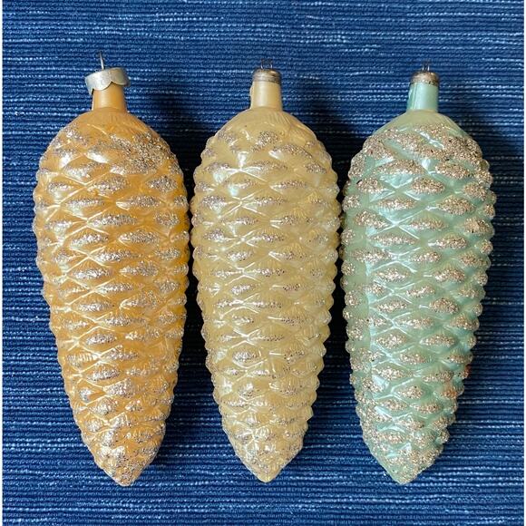 3 Vintage Glass Glitter Italy Pinecone Christmas Tree Ornament Lot 5.5" XMas 42B - Picture 2 of 5